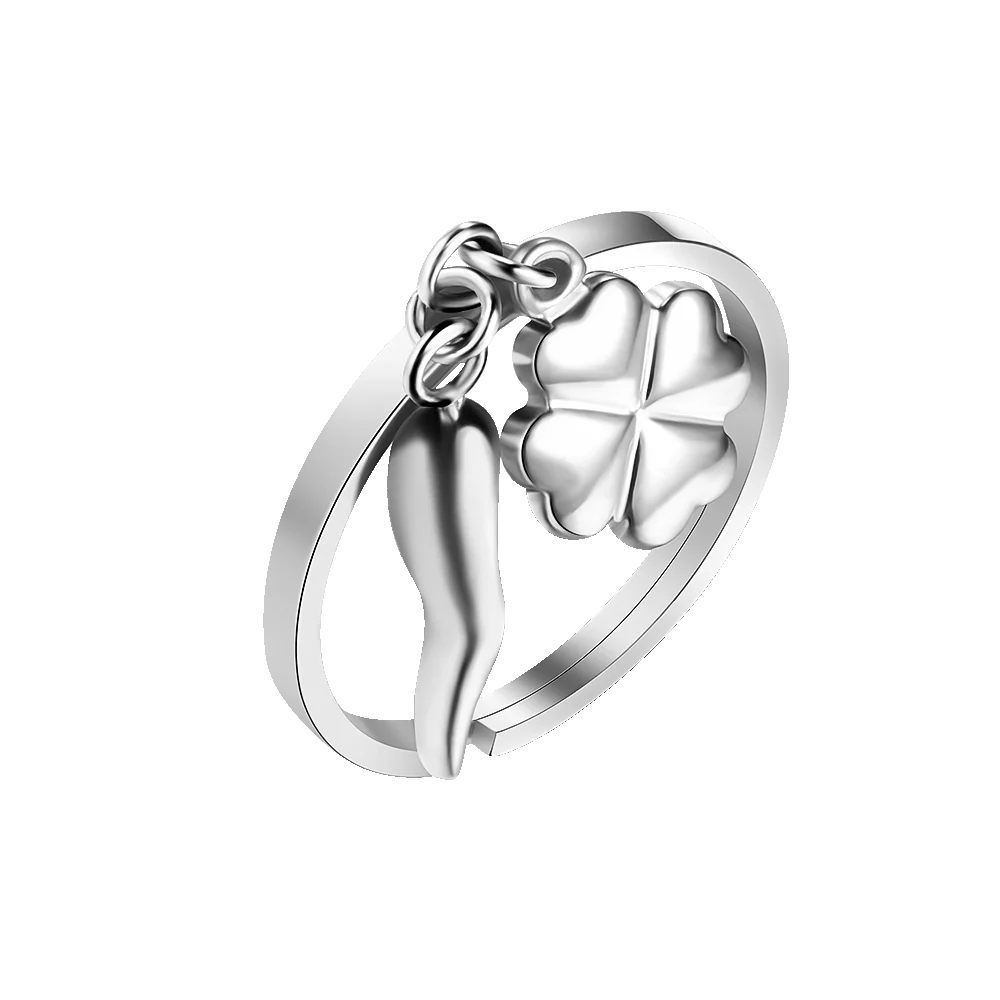 ANELLO DONNA IN ACCIAIO CON CORNO E QUADRIFOGLIO