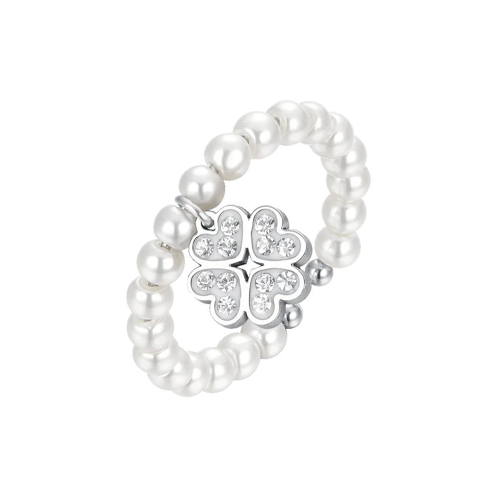 ANELLO DONNA IN ACCIAIO CON PERLE SINTETICHE E QUADRIFOGLIO CON CRISTALLI BIANCH