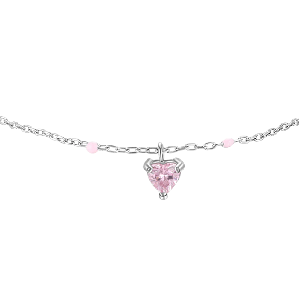 BRACCIALE BAMBINA IN ACCIAIO CON CUORE ZIRCONE ROSA E PIETRE ROSA - Image 2