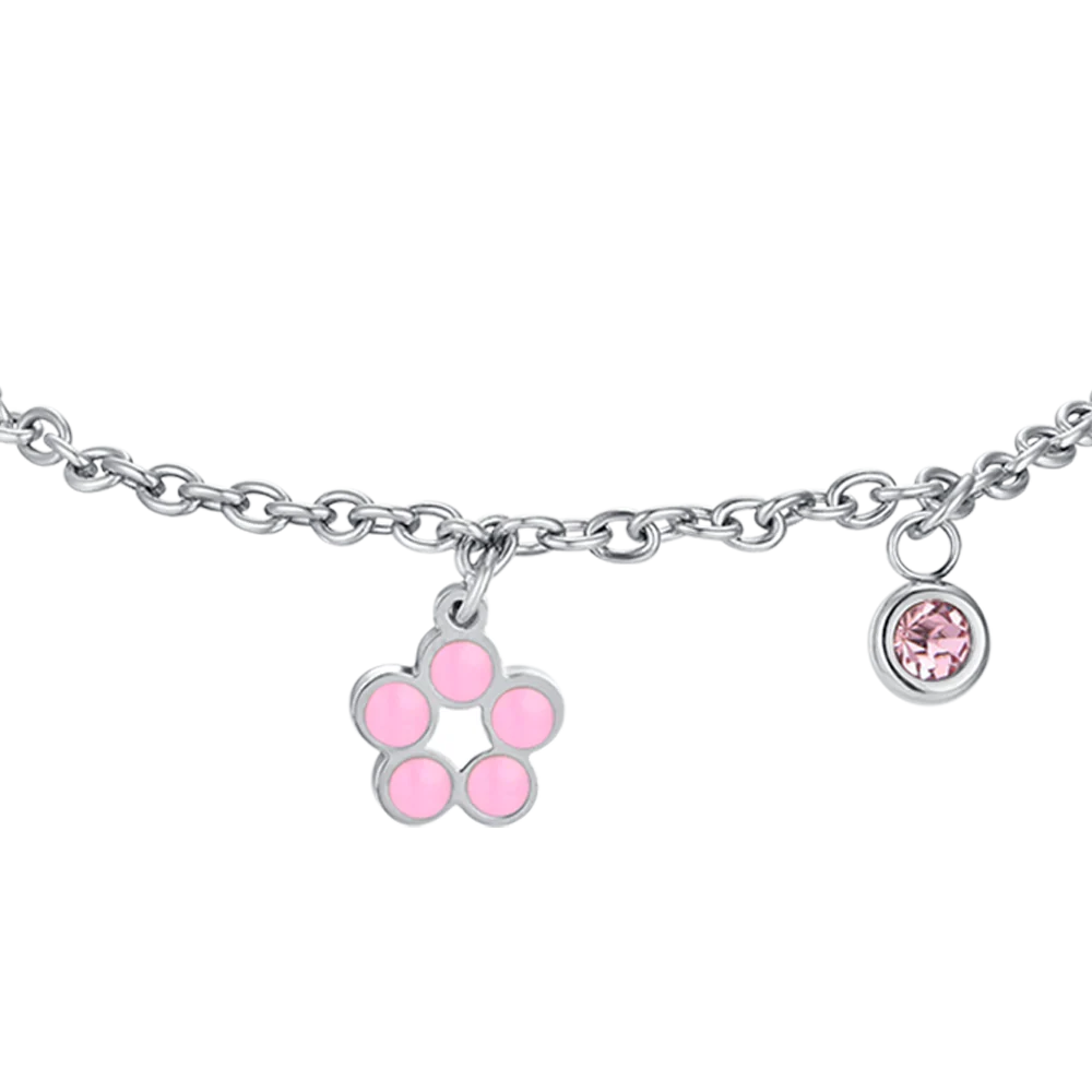 BRACCIALE BAMBINA IN ACCIAIO CON FIORE CON SMALTO ROSA E BIANCO E CRISTALLO - Image 4