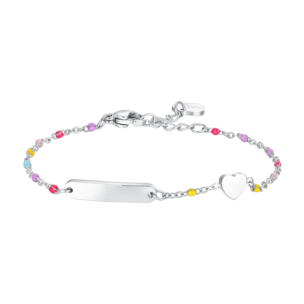 BRACCIALE BAMBINA IN ACCIAIO CON PIASTRA, CUORE ED ELEMENTI MULTICOLOR