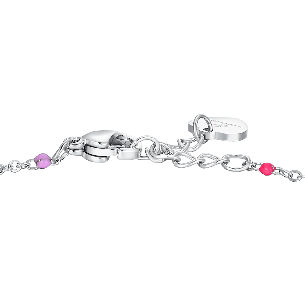 BRACCIALE BAMBINA IN ACCIAIO CON PIASTRA, CUORE ED ELEMENTI MULTICOLOR - Image 3