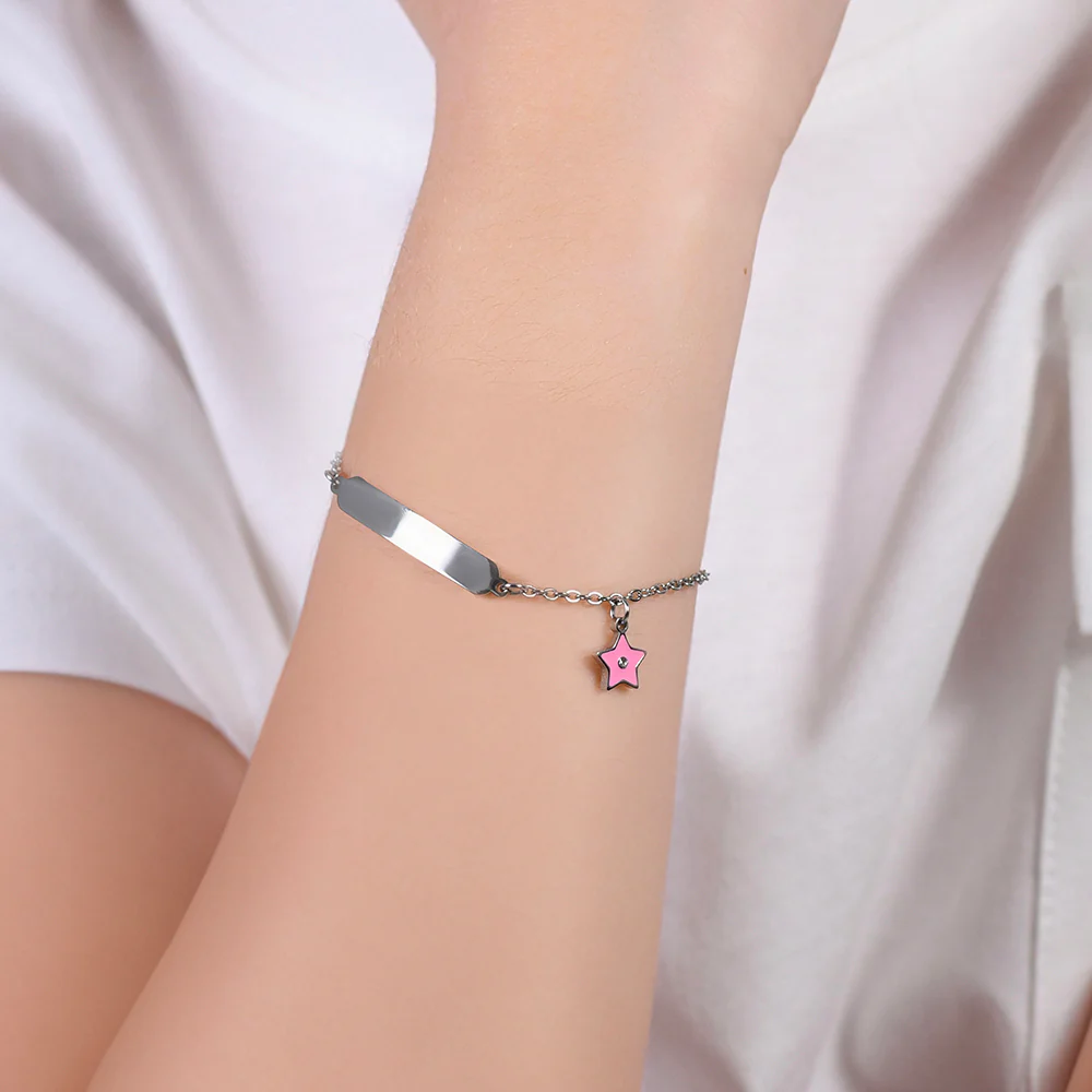 BRACCIALE BAMBINA IN ACCIAIO SMALTO ROSA E PIASTRA - Image 2