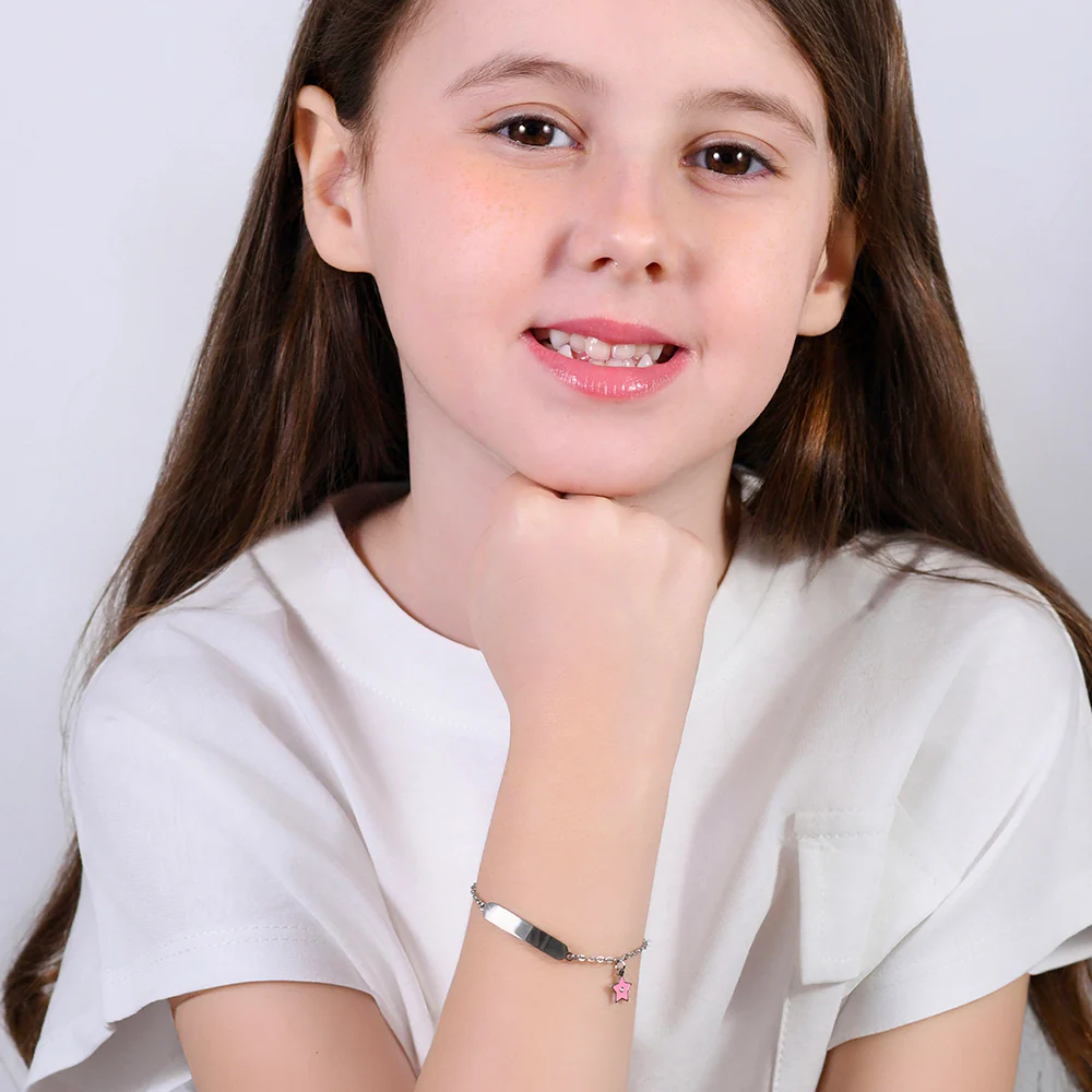 BRACCIALE BAMBINA IN ACCIAIO SMALTO ROSA E PIASTRA - Image 3