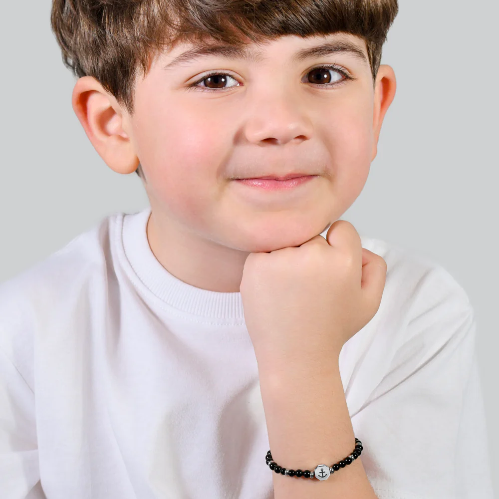 BRACCIALE BAMBINO IN ACCIAIO ANCORA CON PIETRE NERE - Image 3