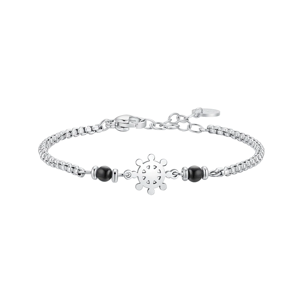 BRACCIALE BAMBINO IN ACCIAIO CON TIMONE E PIETRE AGATA NERA