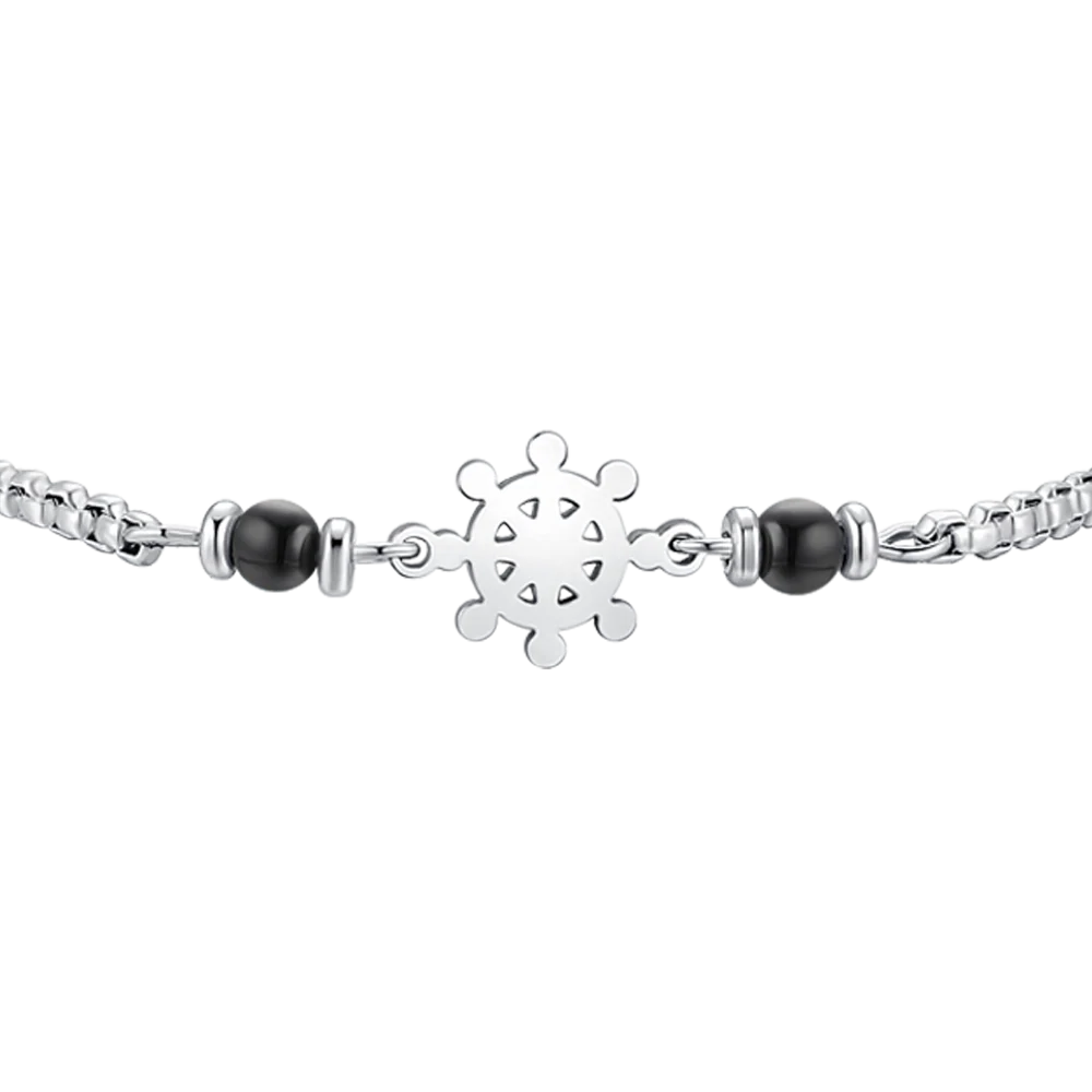 BRACCIALE BAMBINO IN ACCIAIO CON TIMONE E PIETRE AGATA NERA - Image 2