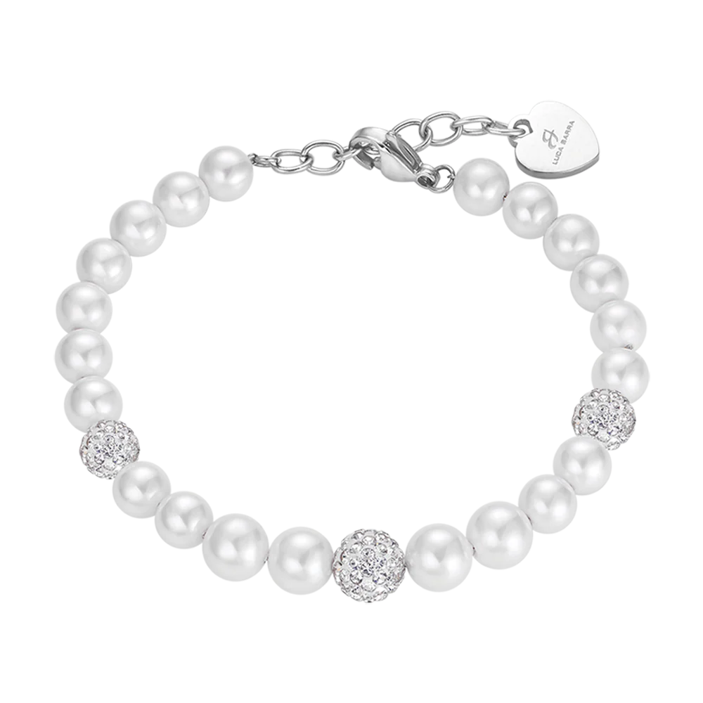 BRACCIALE DONNA DI PERLE SINTETICHE CON CRISTALLI BIANCHI