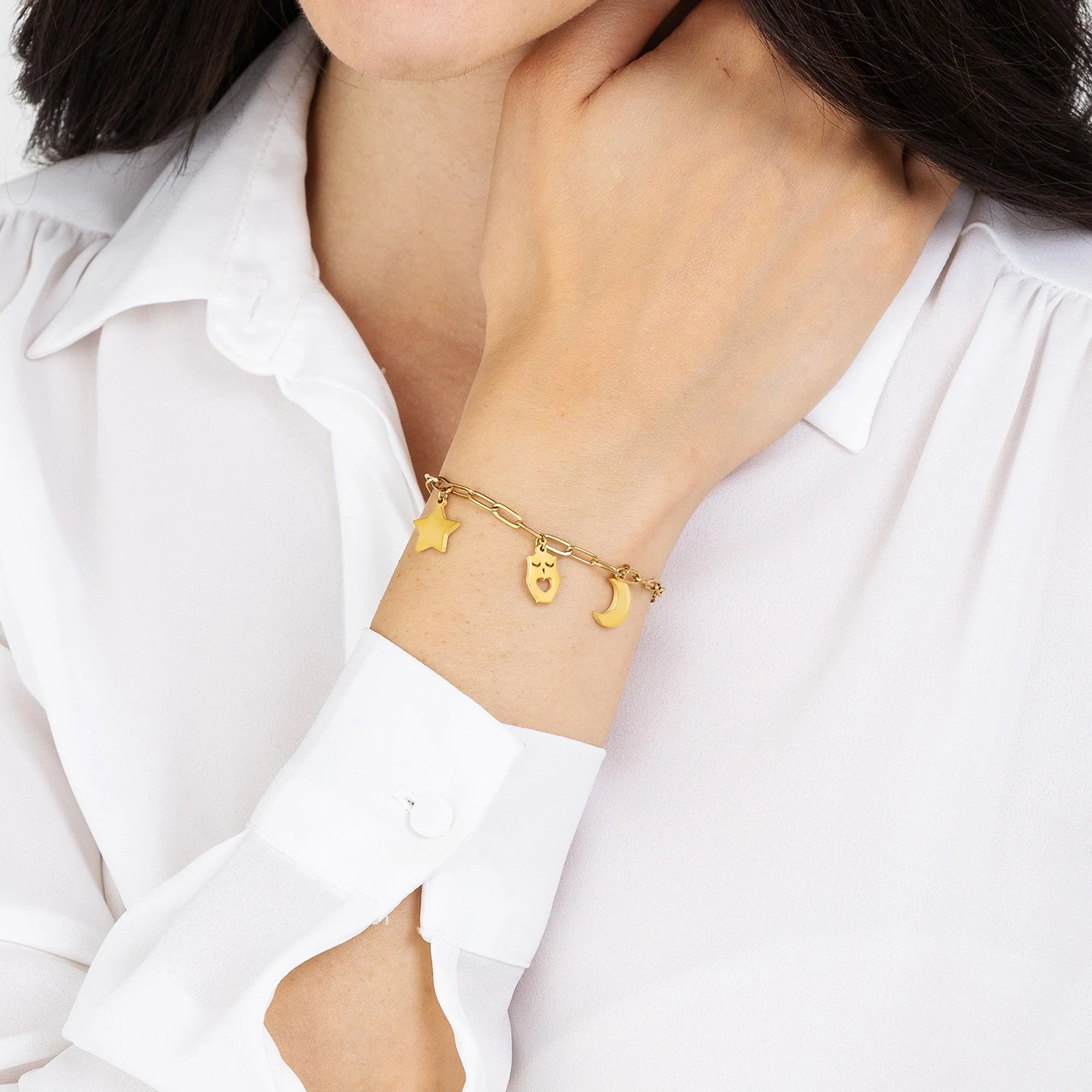BRACCIALE DONNA IN ACCIAIO DORATO CON LUNA, GUFO E STELLA - Image 2