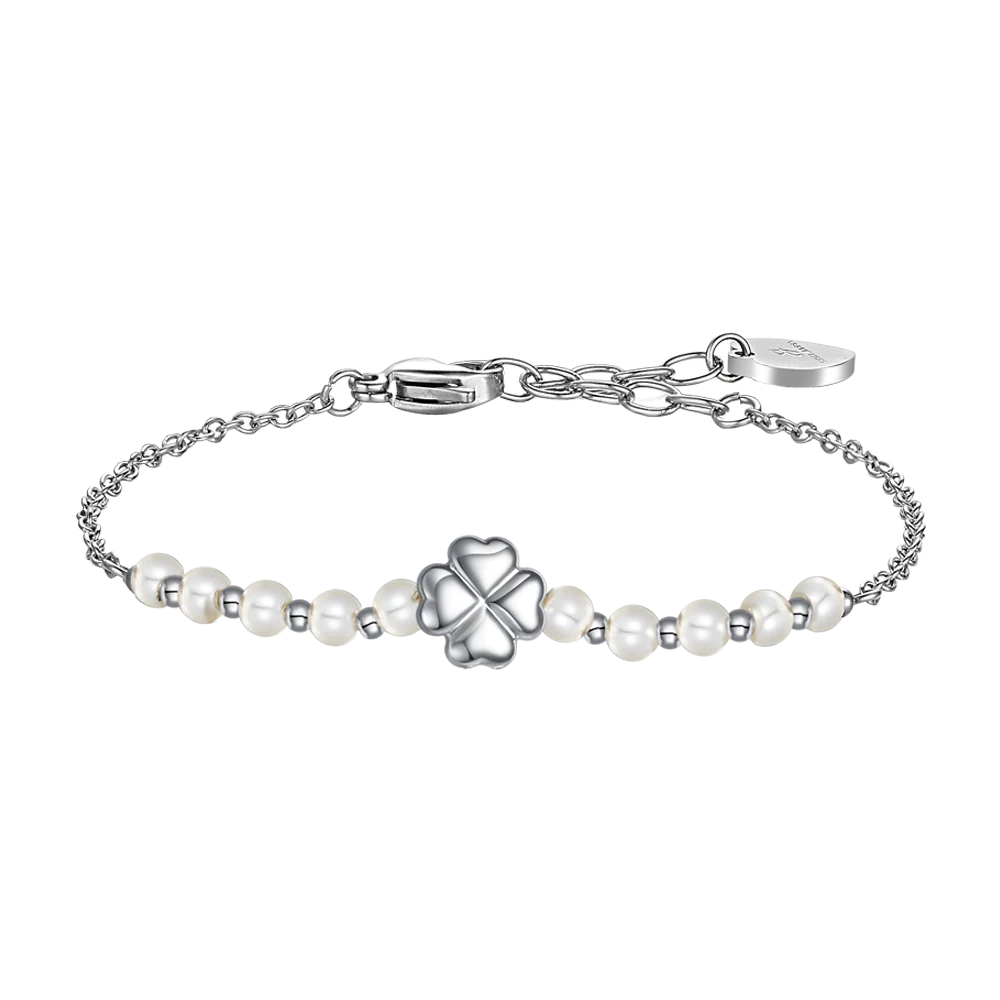 BRACCIALE DONNA CON QUADRIFOGLIO IN ACCIAIO E PERLE SINTETICHE BIANCHE
