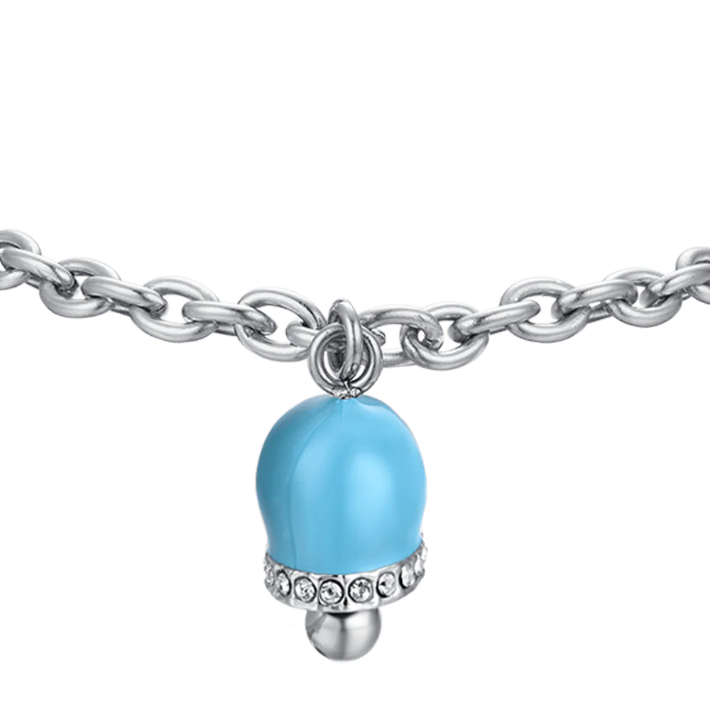 BRACCIALE DONNA IN ACCIAIO CON CAMPANELLA CON SMALTO TURCHESE E CRISTALLI - Image 4