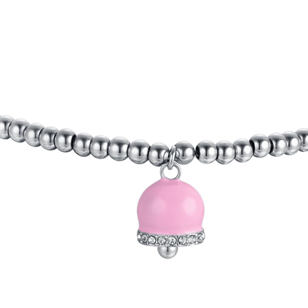 BRACCIALE DONNA IN ACCIAIO CON CAMPANELLE CON SMALTO ROSA E CRISTALLI BIANCHI - Image 4