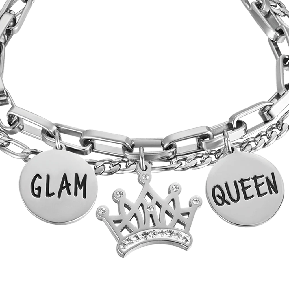 BRACCIALE DONNA IN ACCIAIO CON CORONA CON CRISTALLI BIANCHI E PIASTRE CON SMALTO - Image 4