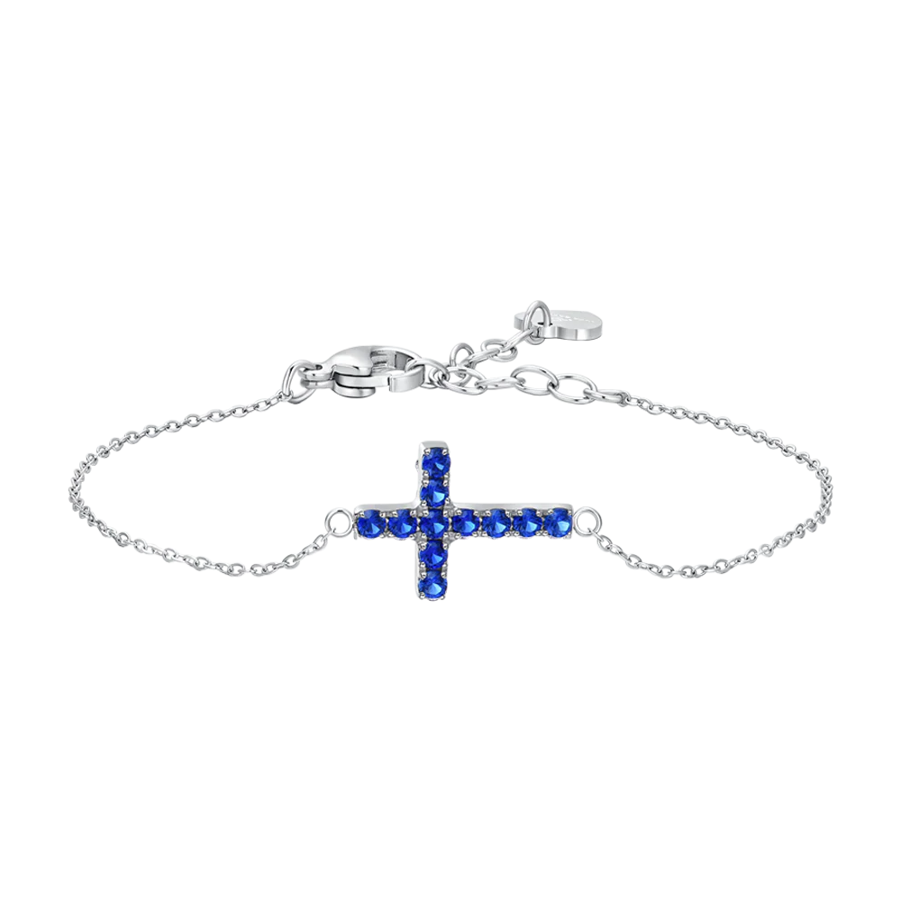 BRACCIALE DONNA IN ACCIAIO CON CROCE E ZIRCONI BLU