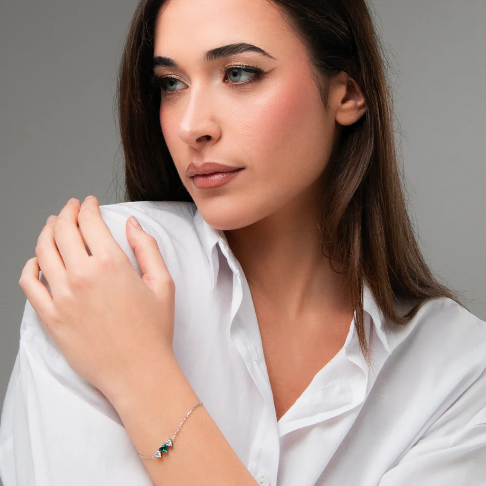 BRACCIALE DONNA IN ACCIAIO CON CUORI CON ZIRCONI BIANCHI E VERDI - Image 3