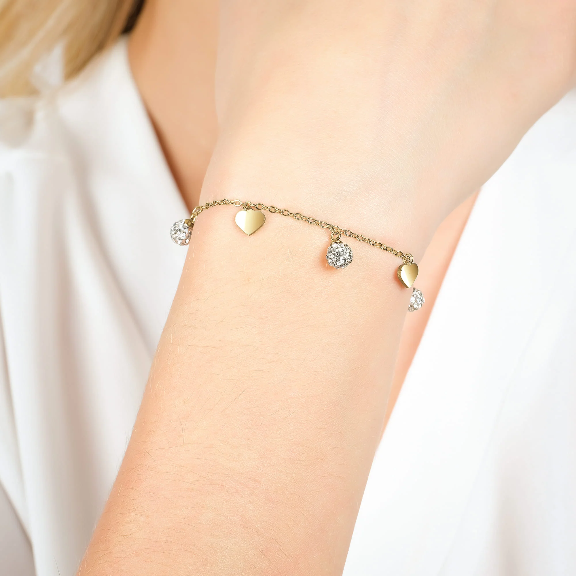 BRACCIALE DONNA IN ACCIAIO IP GOLD CON CUORI E CRISTALLI BIANCHI - Image 2