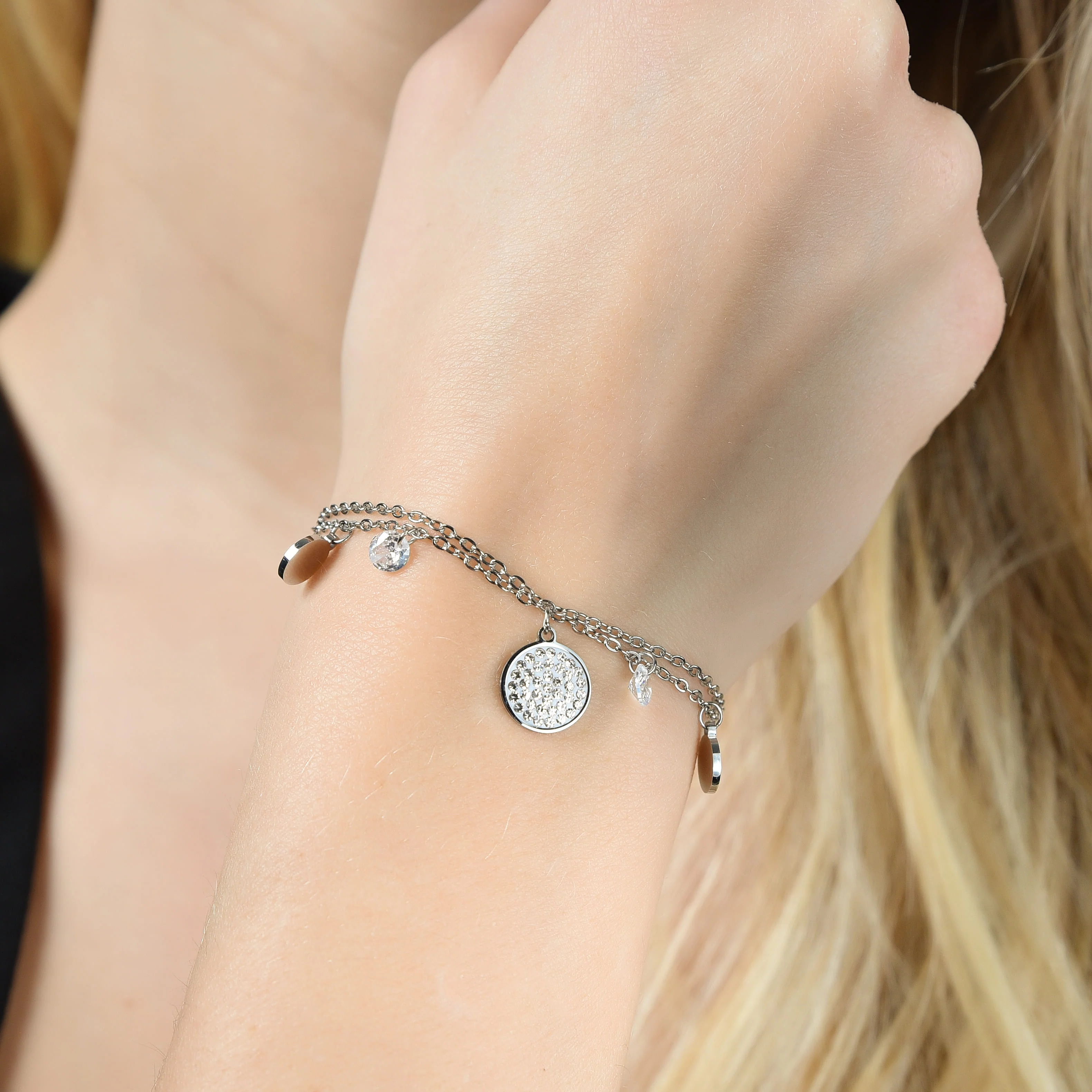 BRACCIALE DONNA IN ACCIAIO CON ELEMENTI E CRISTALLI BIANCHI - Image 3