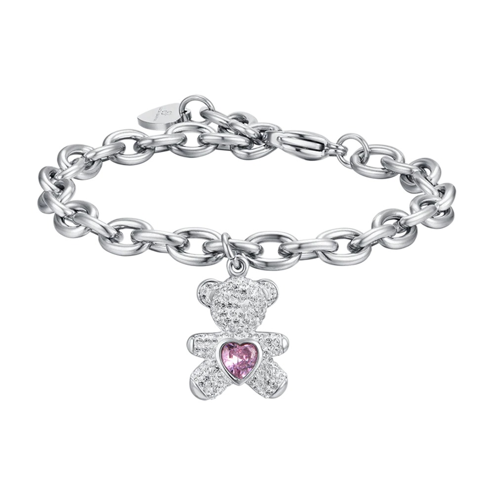 BRACCIALE DONNA IN ACCIAIO CON ORSETTO CON CRISTALLI ROSA E BIANCHI
