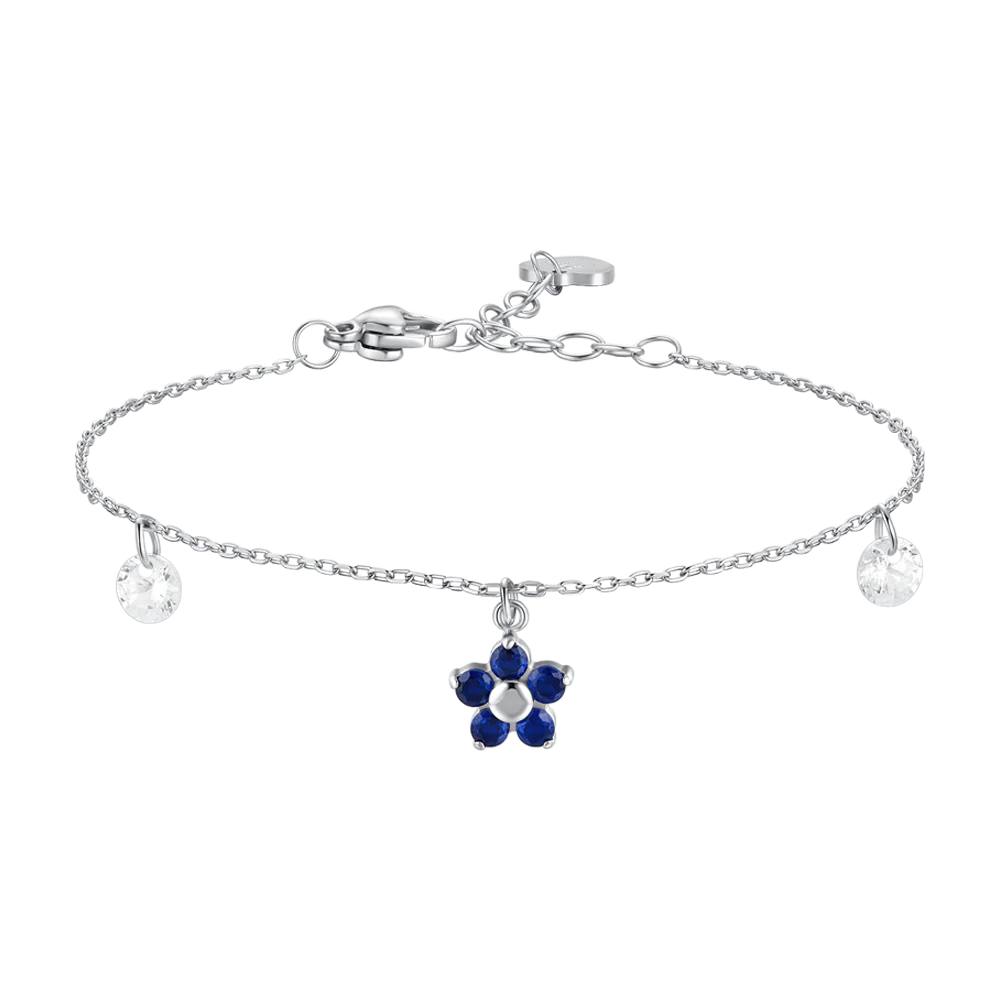 BRACCIALE DONNA IN ACCIAIO CON PENDENTE FIORE E PETALI ZIRCONE BLU