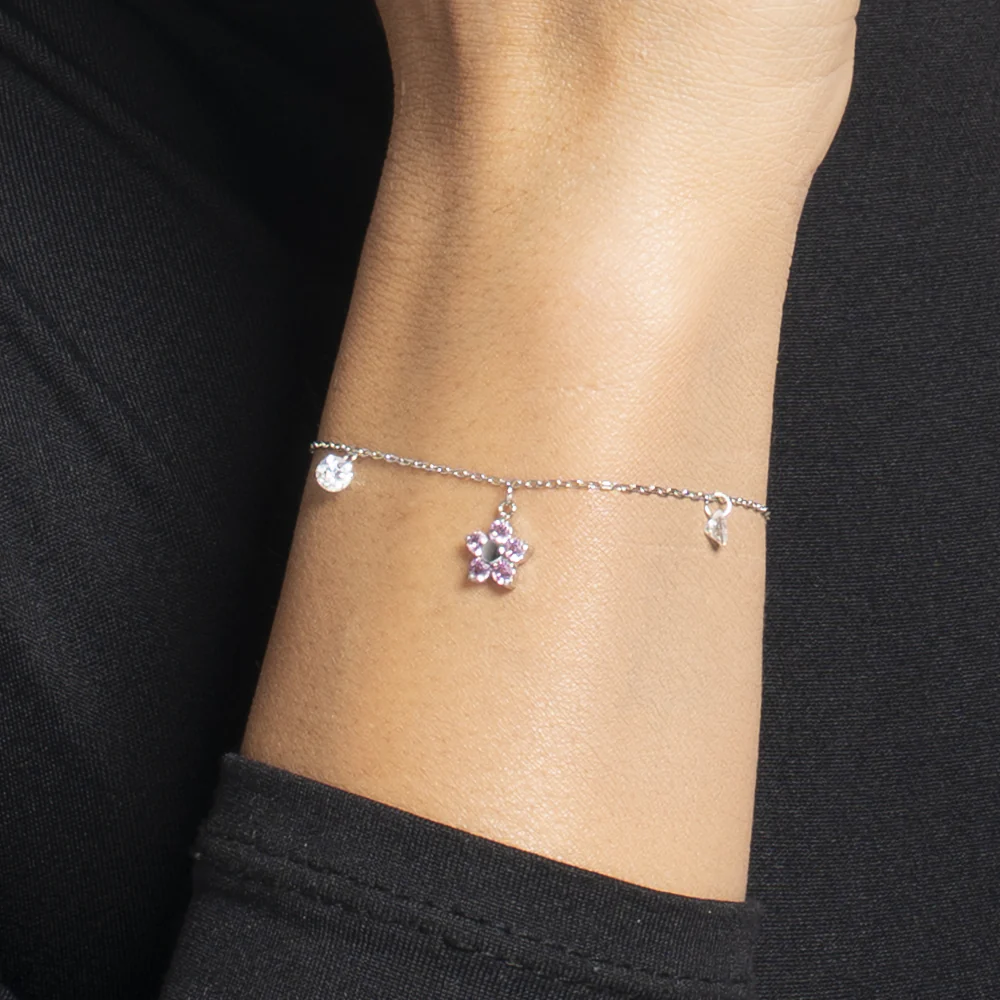 BRACCIALE DONNA IN ACCIAIO CON PENDENTE FIORE E PETALI ZIRCONE ROSA - Image 2