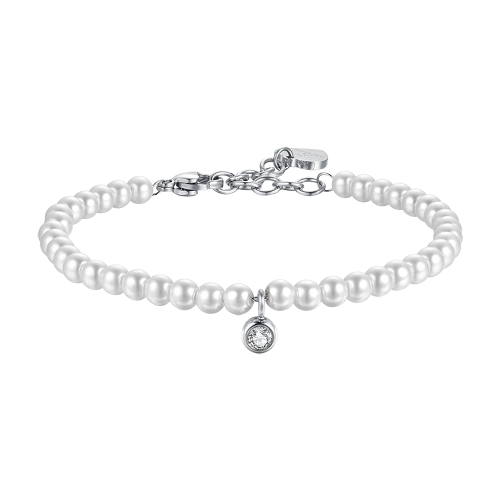 BRACCIALE DONNA IN ACCIAIO CON PERLE SINTETICHE CON CRISTALLO BIANCO