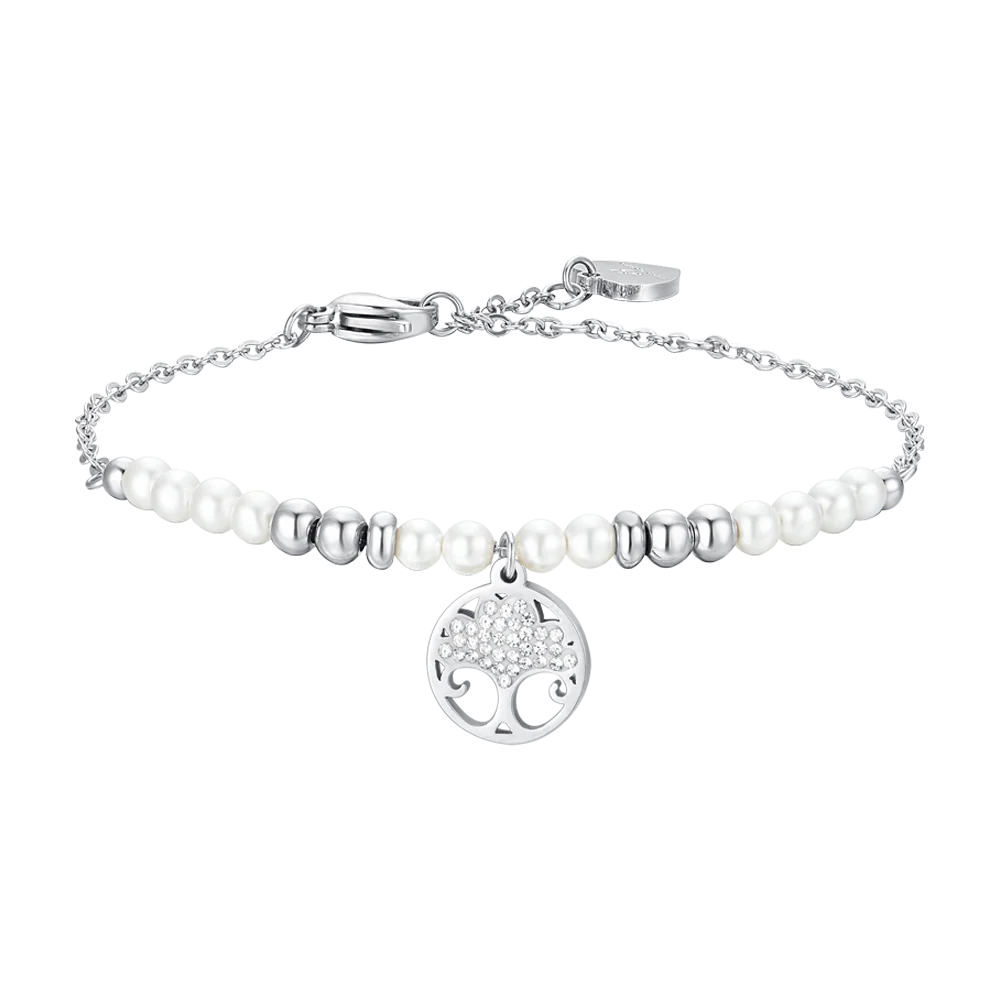 BRACCIALE DONNA IN ACCIAIO CON PERLE SINTETICHE E ALBERO DELLA VITA