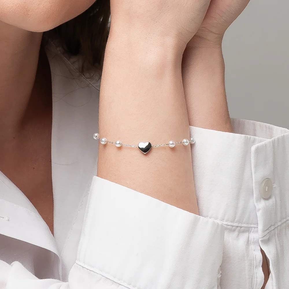 BRACCIALE DONNA IN ACCIAIO CON PERLE E CUORE - Image 2