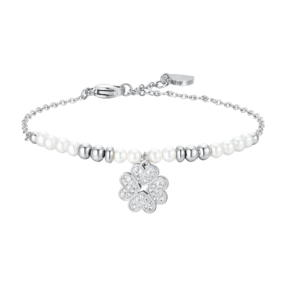BRACCIALE DONNA IN ACCIAIO CON PERLE SINTETICHE E QUADRIFOGLIO