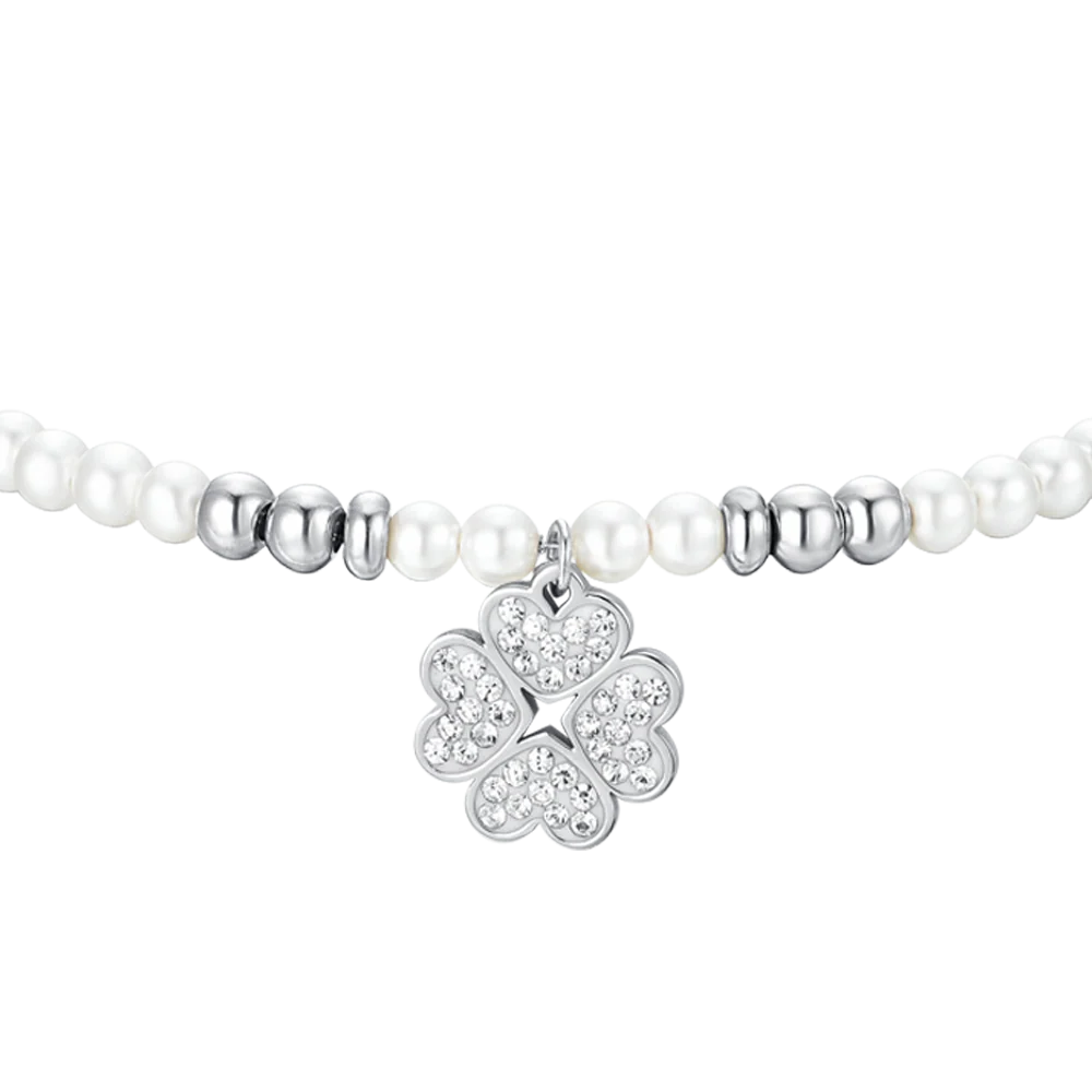 BRACCIALE DONNA IN ACCIAIO CON PERLE SINTETICHE E QUADRIFOGLIO - Image 4