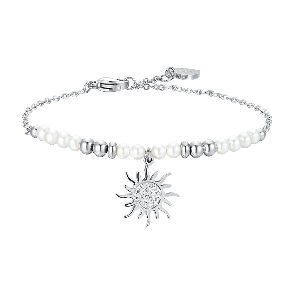 BRACCIALE DONNA IN ACCIAIO CON PERLE SINTETICHE E SOLE