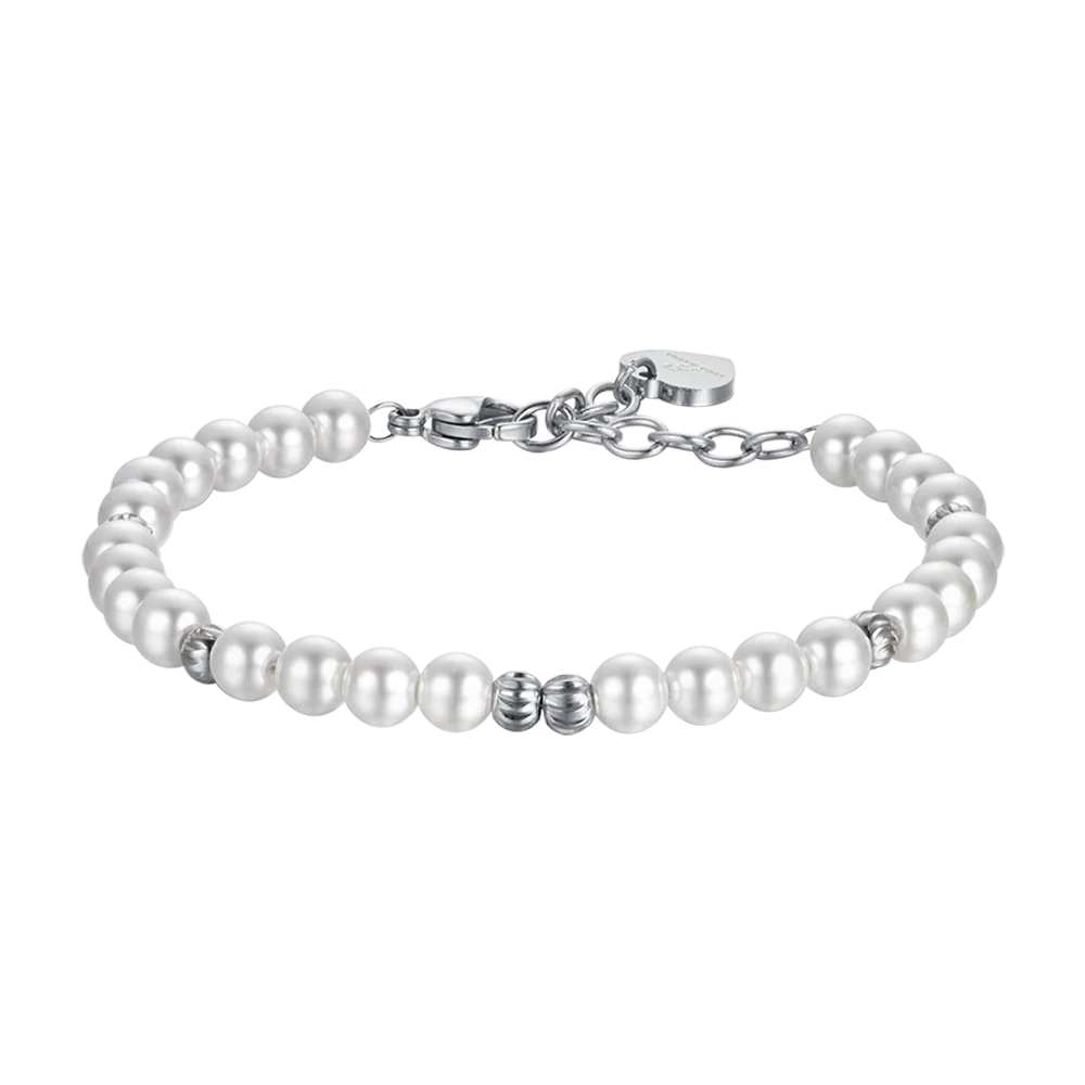 BRACCIALE DONNA IN ACCIAIO CON PERLE SINTETICHE ED ELEMENTI IN ACCIAIO