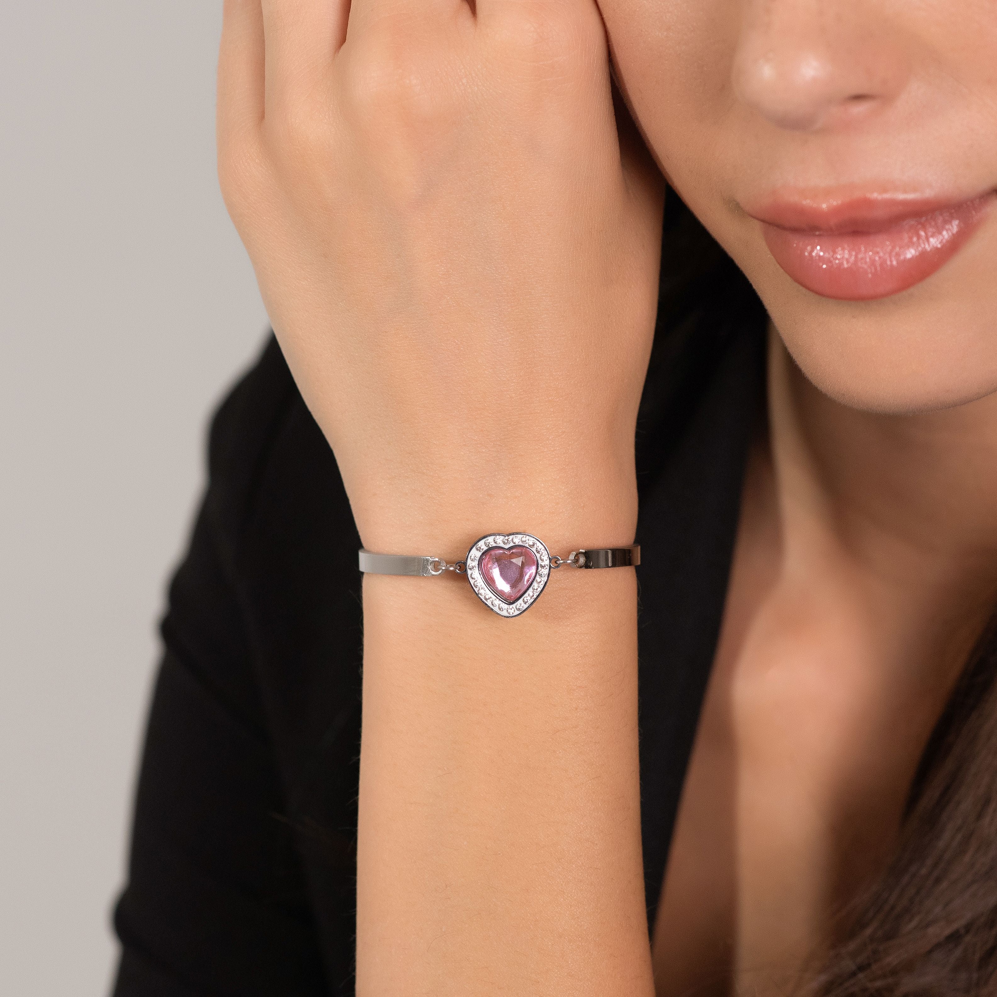BRACCIALE DONNA IN ACCIAIO CUORE CRISTALLO ROSA E CRISTALLI BIANCHI - Image 2