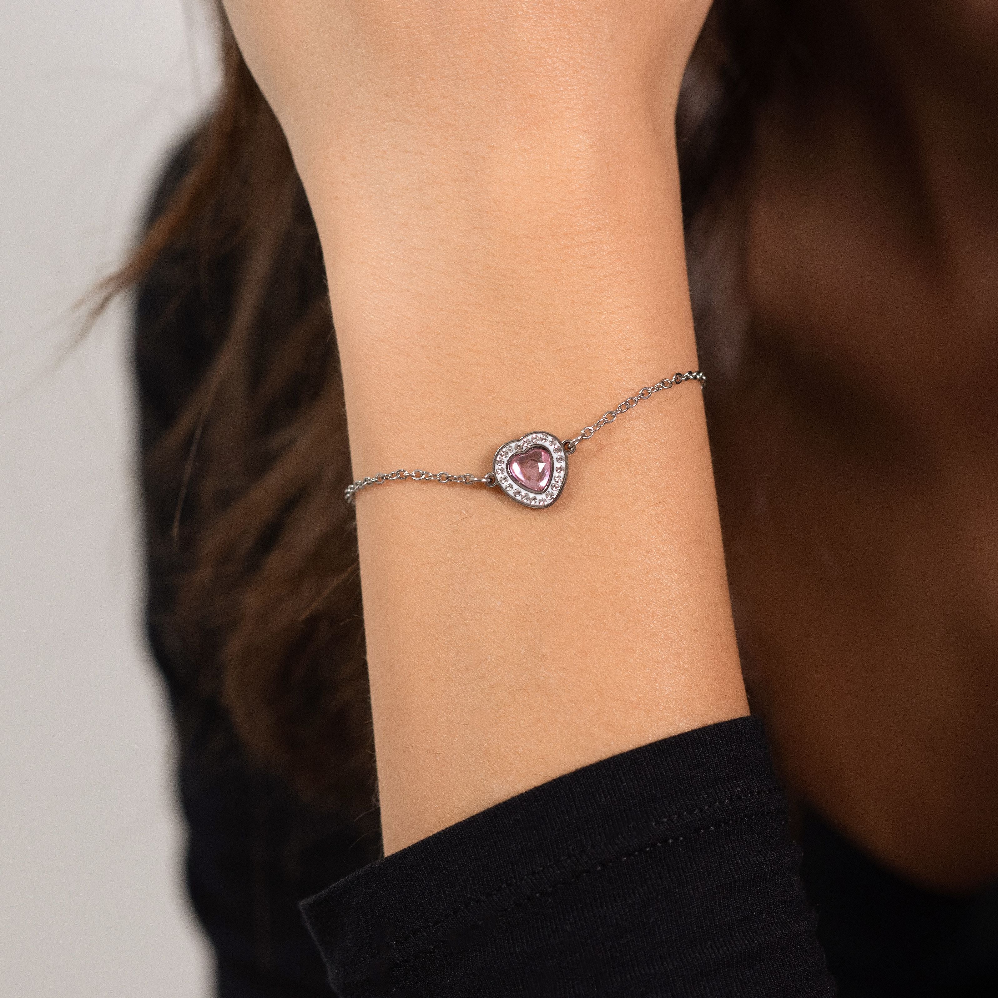 BRACCIALE DONNA IN ACCIAIO CUORE CRISTALLO ROSA E CRISTALLI BIANCHI - Image 2