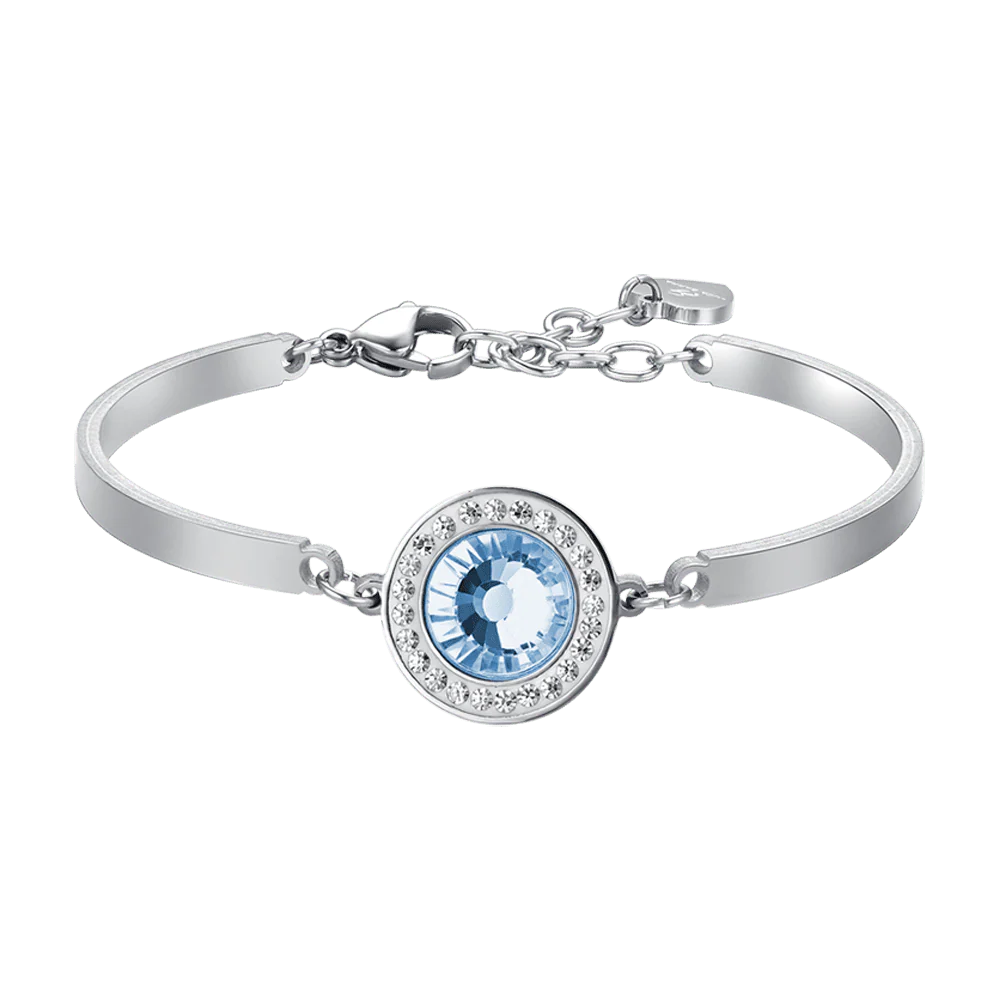 BRACCIALE DONNA IN ACCIAIO ELEMENTO CRISTALLO ACQUAMARINA E CRISTALLI BIANCHI