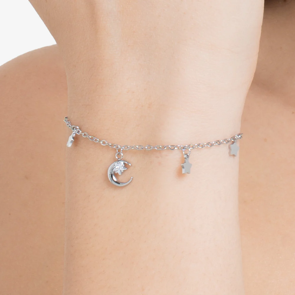 BRACCIALE DONNA IN ACCIAIO, LUNA CON ZIRCONE BIANCO E STELLE - Image 2