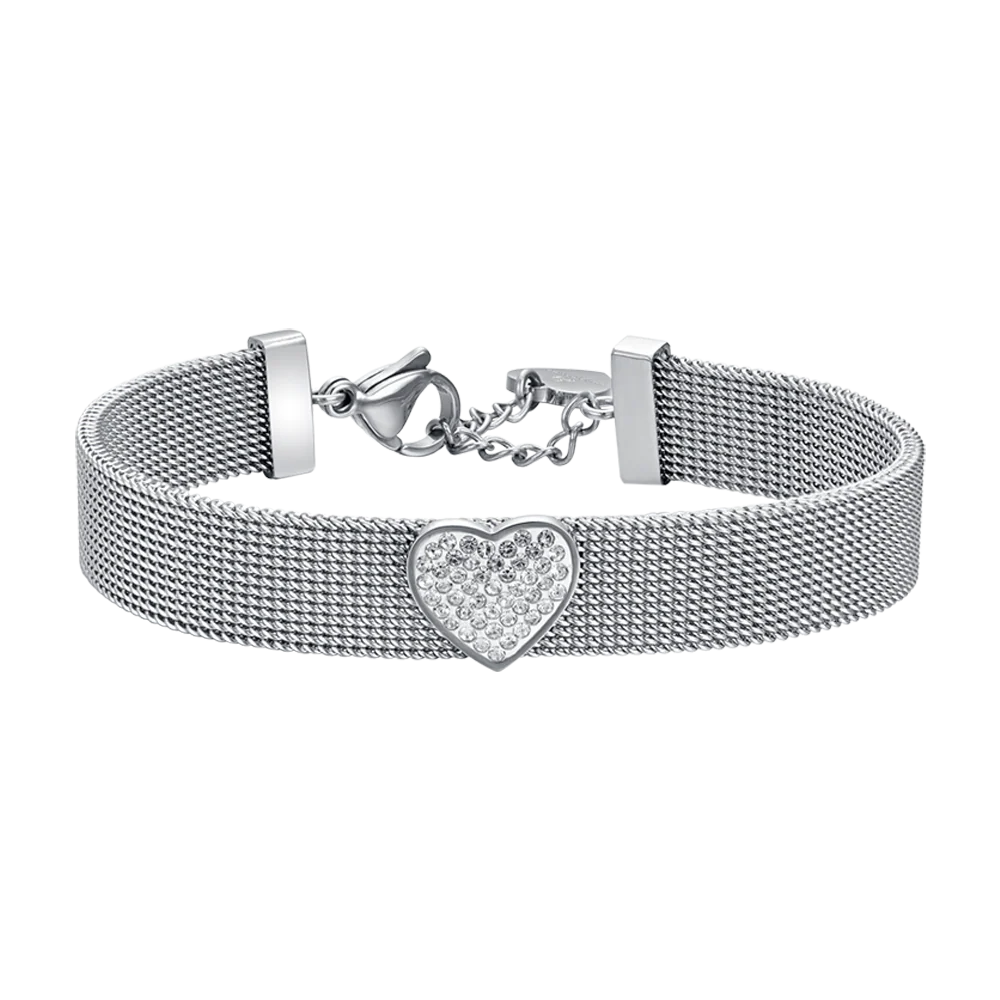 BRACCIALE DONNA IN ACCIAIO MAGLIA MILANO CON CUORE CON CRISTALLI BIANCHI