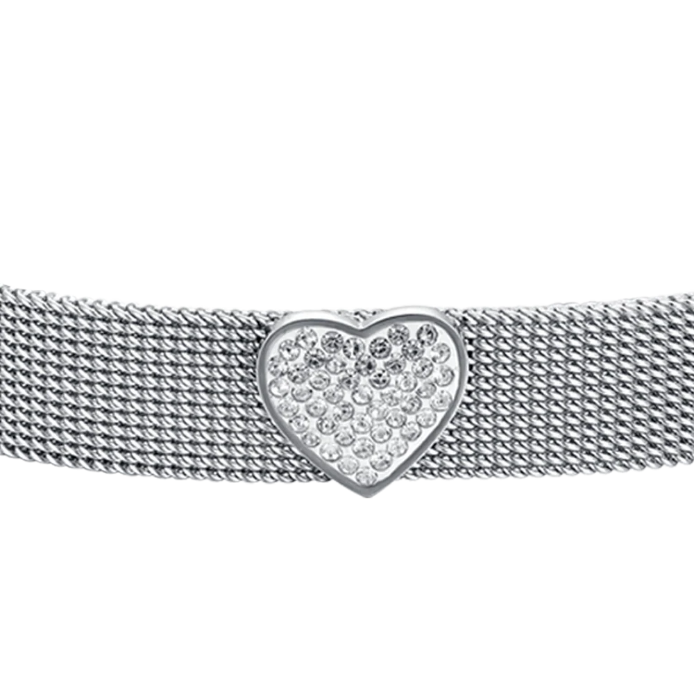 BRACCIALE DONNA IN ACCIAIO MAGLIA MILANO CON CUORE CON CRISTALLI BIANCHI - Image 4
