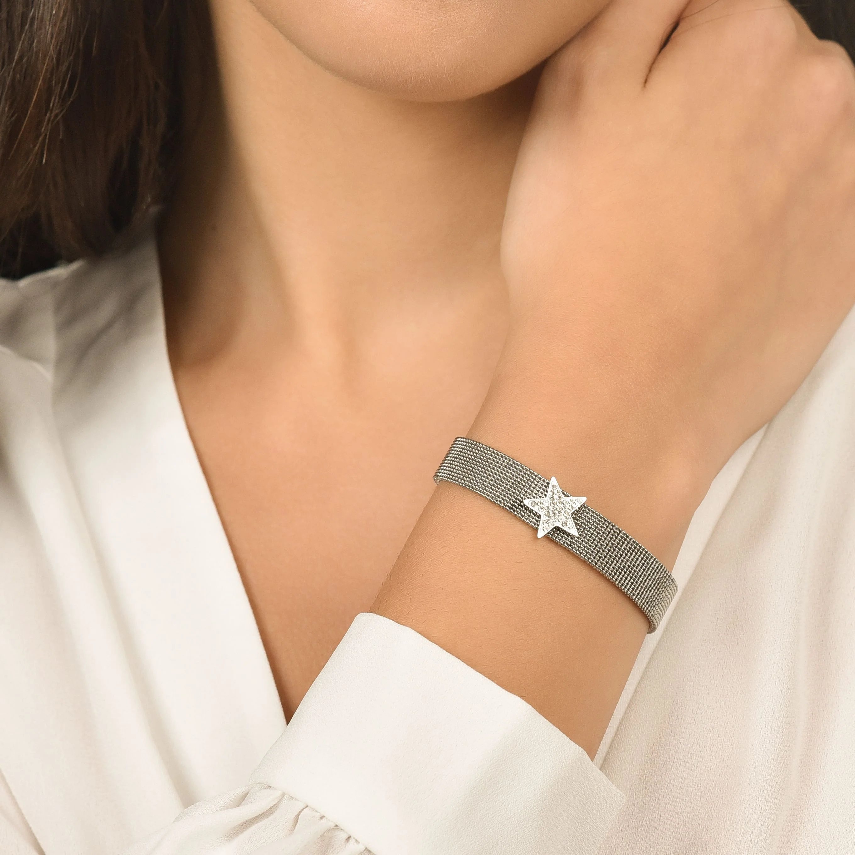 BRACCIALE DONNA IN ACCIAIO MAGLIA MILANO CON STELLA CON CRISTALLI BIANCHI - Image 2