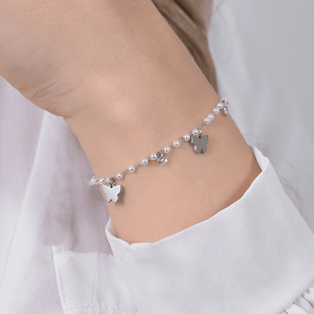 BRACCIALE DONNA IN ACCIAIO PERLE CON FARFALLE - Image 2