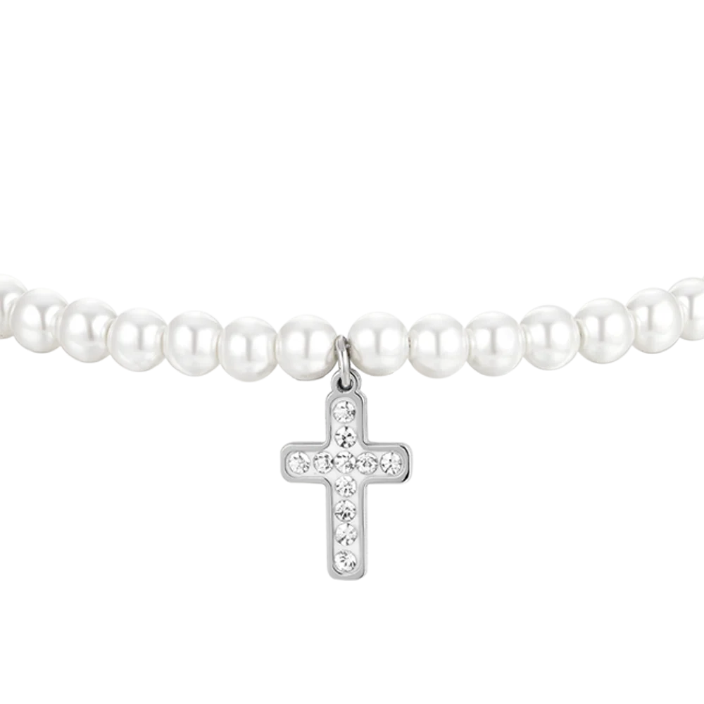 BRACCIALE DONNA IN ACCIAIO PERLE SINTETICHE E CROCE - Image 4
