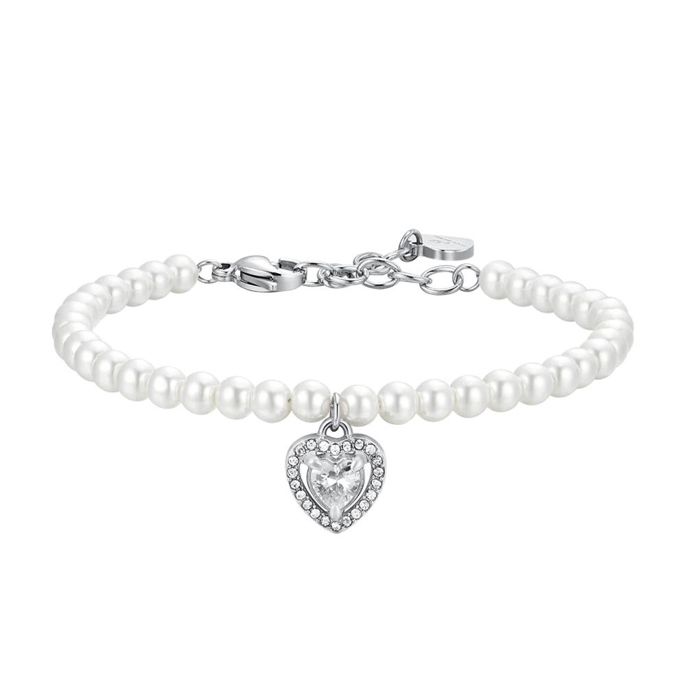 BRACCIALE DONNA IN ACCIAIO PERLE SINTETICHE E CUORE ZIRCONE BIANCO