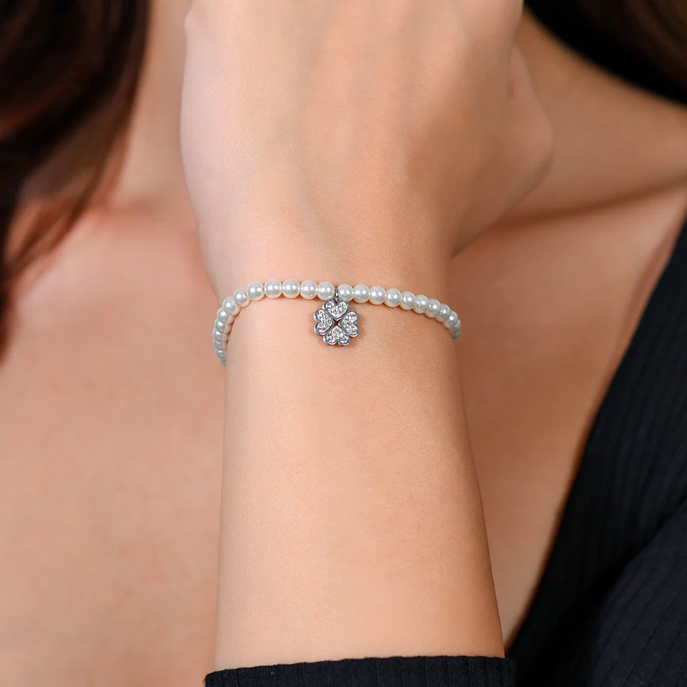 BRACCIALE DONNA IN ACCIAIO PERLE SINTETICHE E QUADRIFOGLIO - Image 2
