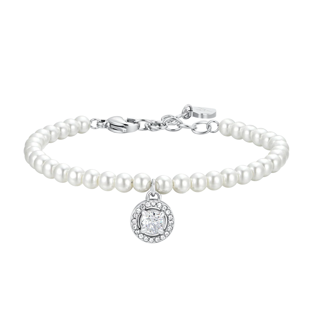 BRACCIALE DONNA IN ACCIAIO PERLE SINTETICHE E ZIRCONE BIANCO