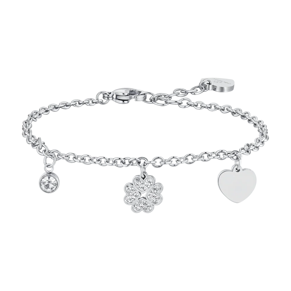 BRACCIALE DONNA IN ACCIAIO QUADRIFOGLIO E CUORE