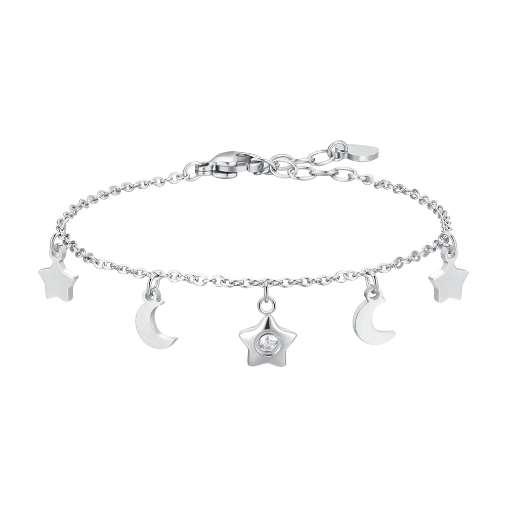 BRACCIALE DONNA IN ACCIAIO, STELLA CON ZIRCONE BIANCO, LUNE E STELLE
