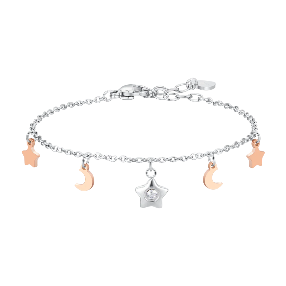 BRACCIALE DONNA IN ACCIAIO, STELLA CON ZIRCONE BIANCO, LUNE E STELLE IP ROSE