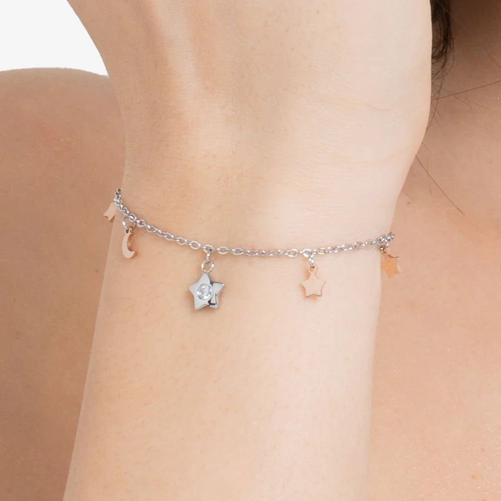 BRACCIALE DONNA IN ACCIAIO, STELLA CON ZIRCONE BIANCO, LUNE E STELLE IP ROSE - Image 2