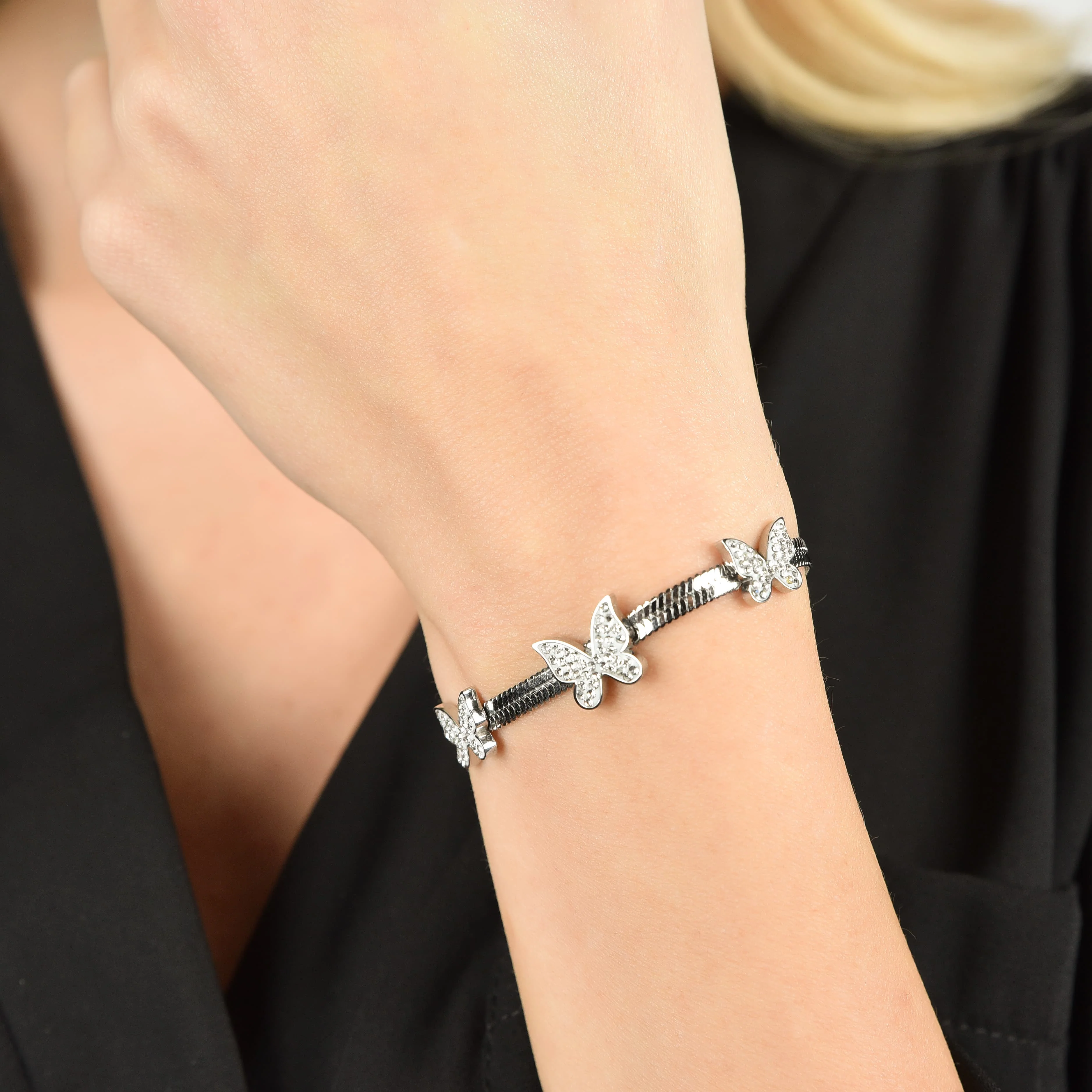 BRACCIALE DONNA SNAKE IN ACCIAIO CON FARFALLE CON CRISTALLI BIANCHI - Image 2