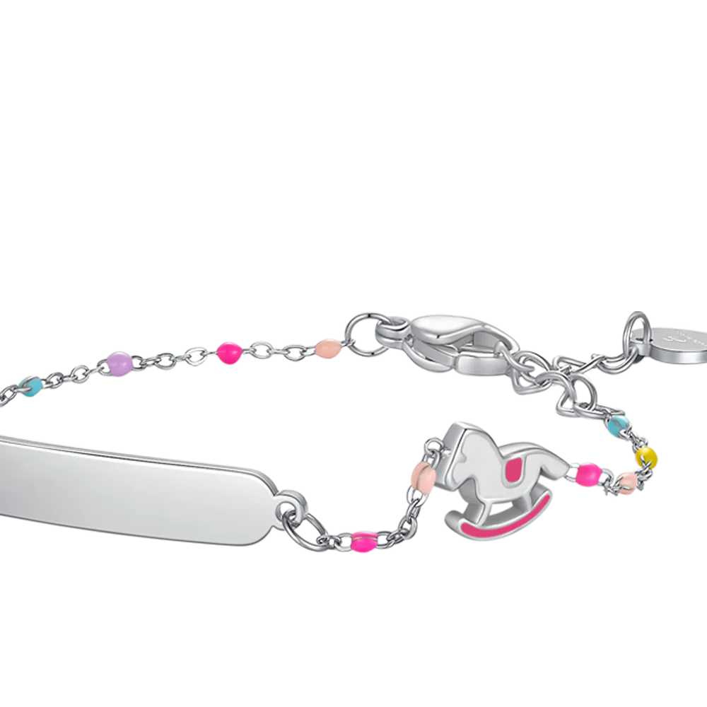BRACCIALE IN ACCIAIO, CAVALLO A DONDOLO CON SMALTO ROSA E FUCSIA E PIETRE COLOR - Image 3