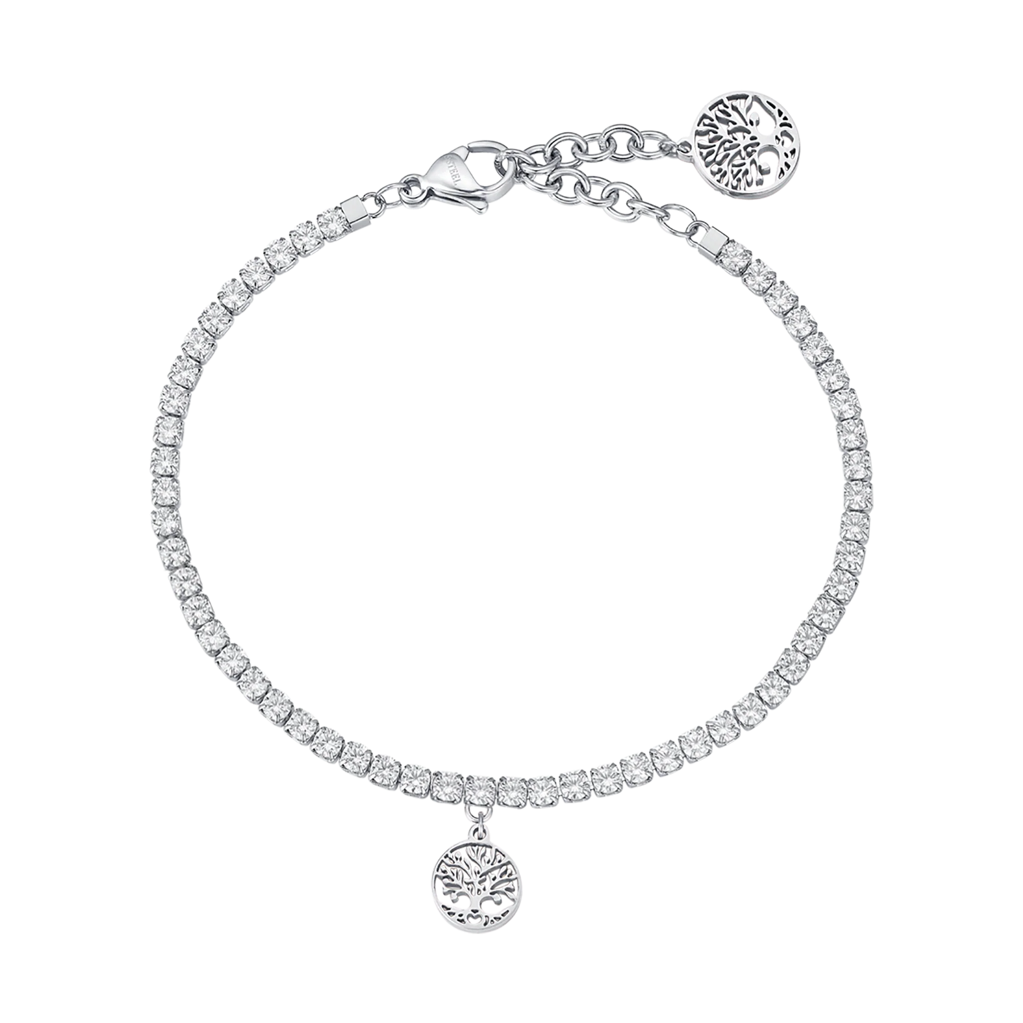 BRACCIALE IN ACCIAIO CON ALBERO DELLA VITA E CRISTALLI BIANCHI